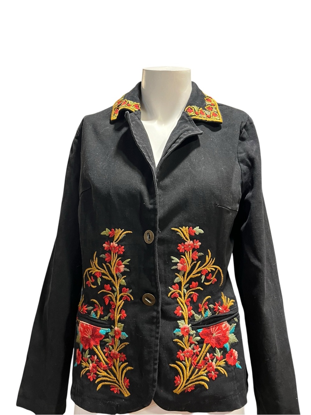 Vintage Black Embroidered Floral Button-Front Jacket